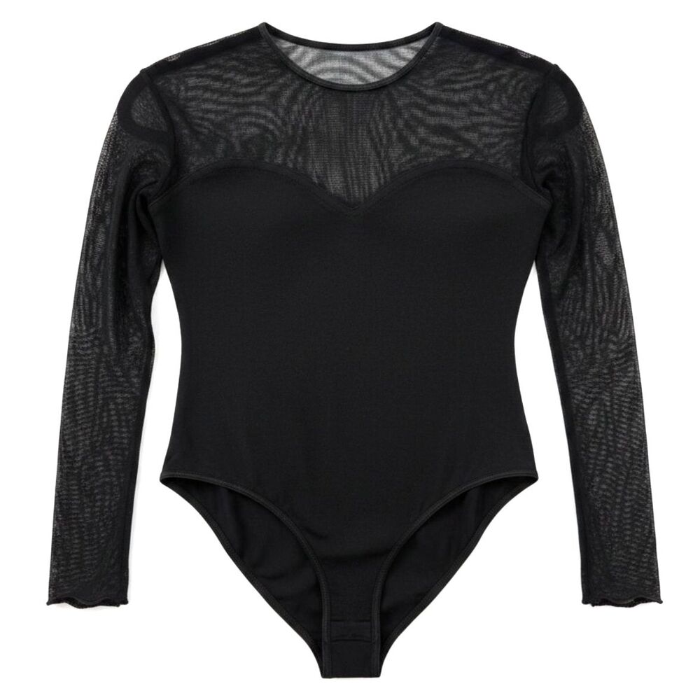 Z Collection New York Vintage 90s Black Mesh Bodysuit Long Sleeve Sheer Yoke M/L